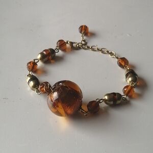Vintage Artisan Faux Amber Root Beer Art Glass Bead Bracelet